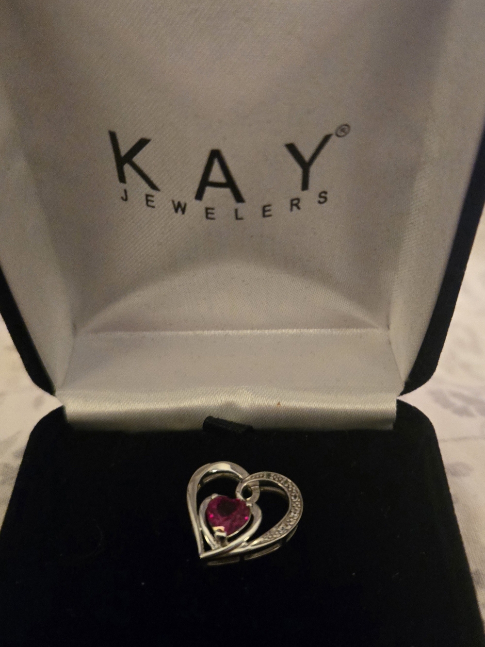 Kay Jewelers Silver Heart Pendant with Ruby-Red Stone